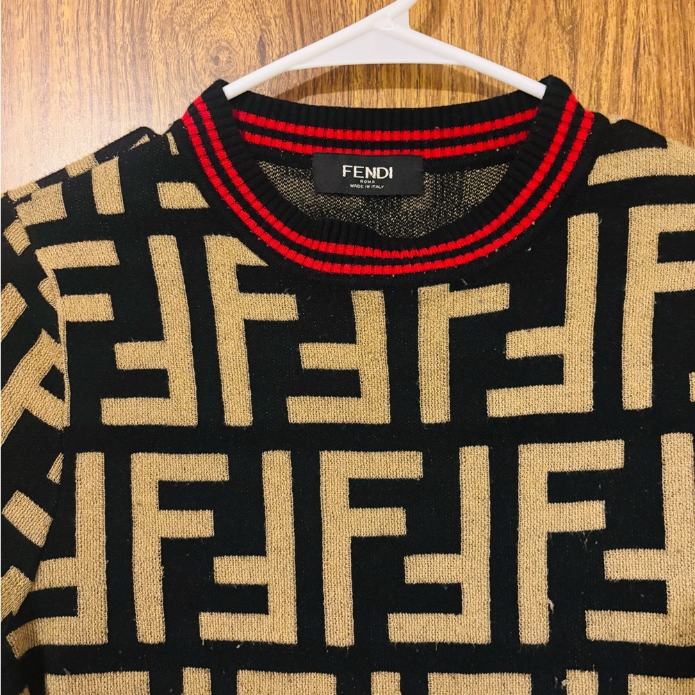 Fendi Black & Tan FF Logo Crewneck dress with Red Trim